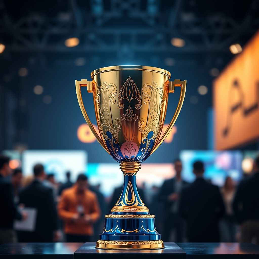 {"prompt":"A vibrant image showcasing the "IT Plekhanov Cup," featuring an intricate trophy design that predominantly features gold and deep blue hues. The background is a dramatic mix of blurred silhouettes, perhaps representing a bustling tech conference or innovation fair, enhancing the trophy's significance. The lighting is bright, accentuating the metallic luster of the cup while casting playful reflections on its surface. This dynamic scene evokes a sense of celebration and achievement, embodying the spirit of competition in the realm of information technology.nn"IT Plekhanov Cup" gold-blue color and gark backgroung","originalPrompt":""IT Plekhanov Cup" gold-blue color and gark backgroung","width":1024,"height":1024,"seed":43,"model":"flux","nologo":true,"negative_prompt":"worst quality, blurry","nofeed":true,"safe":false,"isMature":false,"isChild":false}